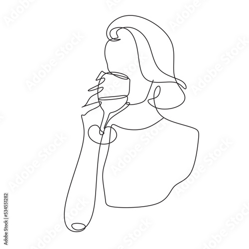 Woman with wine glass line draw. Drawing with one continuous line. Linear glamor logo in a minimalistic style for a wine label.