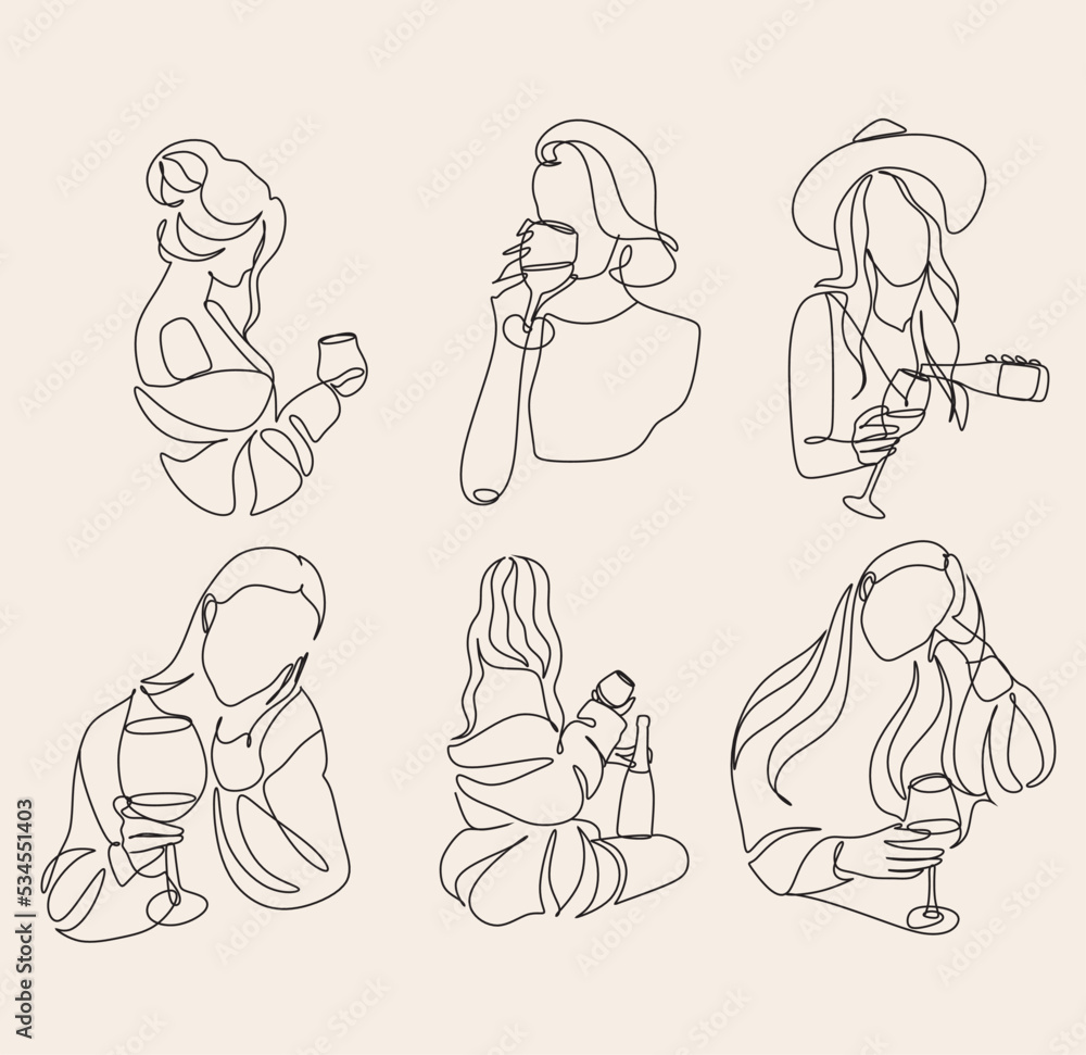 Fototapeta premium Girl drinks wine or champagne from a glass. Linear silhouette of a woman with a glass goblet. Drawing in one continuous line. Linear glamour logo in minimal for wine label.