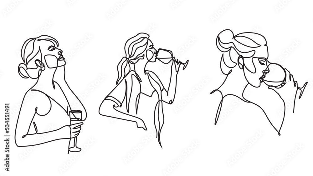 Fototapeta premium Girl drinks wine or champagne from a glass. Linear silhouette of a woman with a glass goblet. Drawing in one continuous line. Linear glamour logo in minimal for wine label.