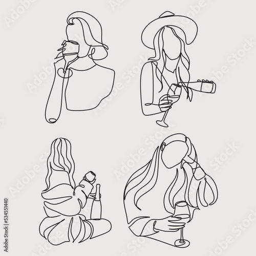 Girl drinks wine or champagne from a glass. Linear silhouette of a woman with a glass goblet. Drawing in one continuous line. Linear glamour logo in minimal for wine label.