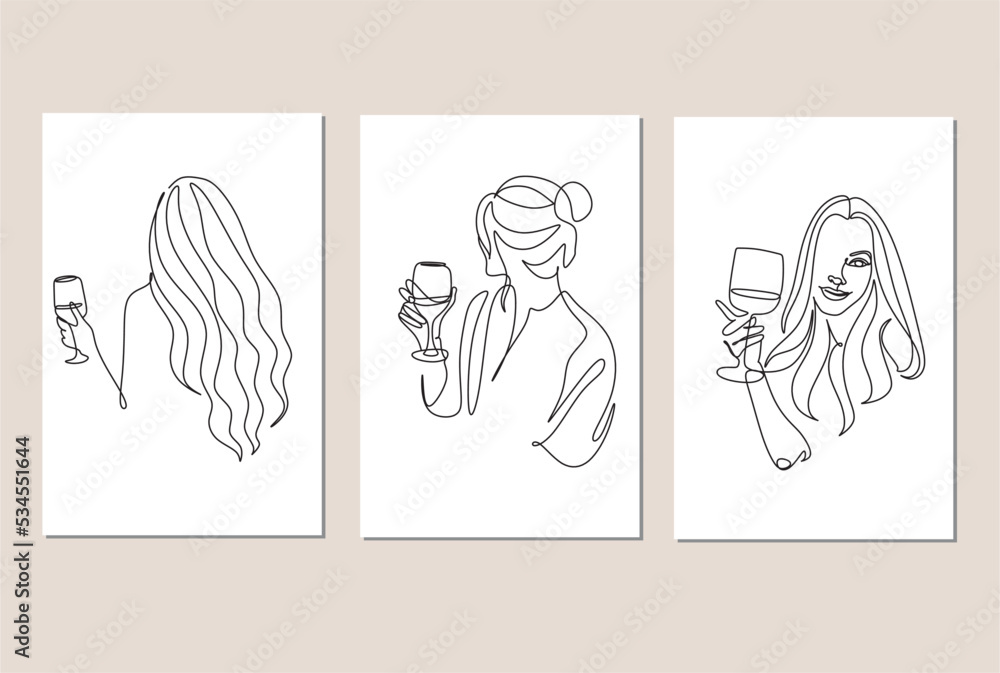 Set of 3 art poster of Woman with wine glass line art. Girl drinks wine or champagne from a glass. Linear silhouette of a woman with a glass goblet. Drawing in one continuous line. Minimalist logo