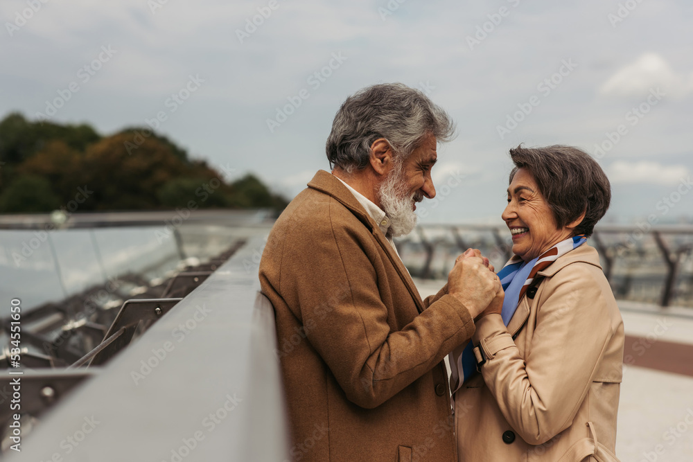 side view of happy senior woman holding hands with cheerful husband near bridge guard rail.