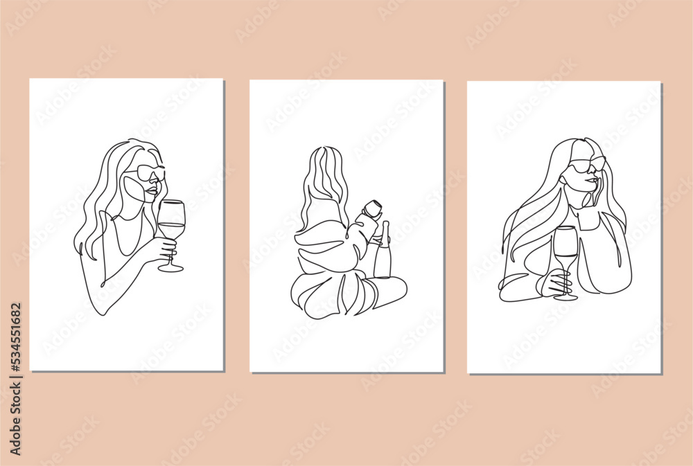 Set of 3 art poster of Woman with wine glass line art. Girl drinks wine or champagne from a glass. Linear silhouette of a woman with a glass goblet. Drawing in one continuous line. Minimalist logo Set of 3 art poster of Woman with wine glass line art. Girl drinks wine or champagne from a glass. Linear silhouette of a woman with a glass goblet. Drawing in one continuous line. Minimalist logo