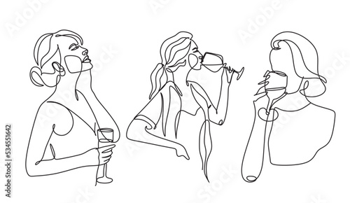Girl drinks wine or champagne from a glass. Linear silhouette of a woman with a glass goblet. Drawing in one continuous line. Linear glamour logo in minimal for wine label.
