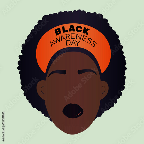 Black Awareness day icon. Black Consciousness Day celebration card. Head of dark skinned woman with text on her kerchief. Vector illustration in flat style photo