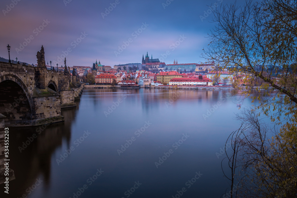 Charles bridge at dramatic dawn, Medieval Prague, Czech Republic