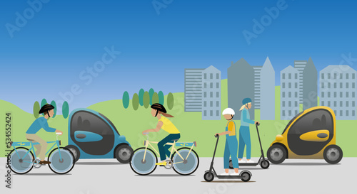 Urban sustainable environment with humans using electrified transport. Electric vehicles,  scooters,  bikes and cars. 