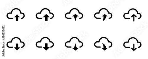 Conjunto de icono nube de cargar y descargar. Nube con icono de flecha. Base de datos y almacenamiento en la red. Ilustración vectorial