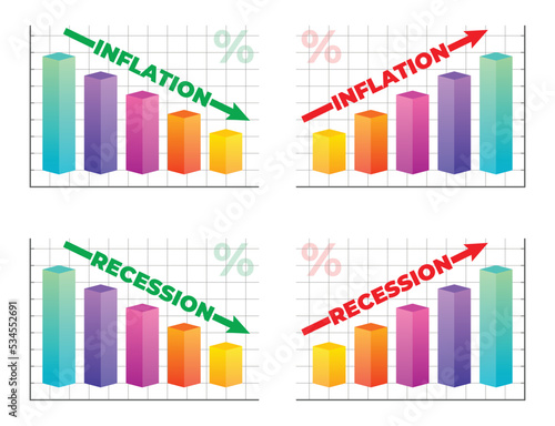 3D Infographic of Inflation and Recession colorful bar with arrow graph going up and down growth of financial and economy business isolated on white background.