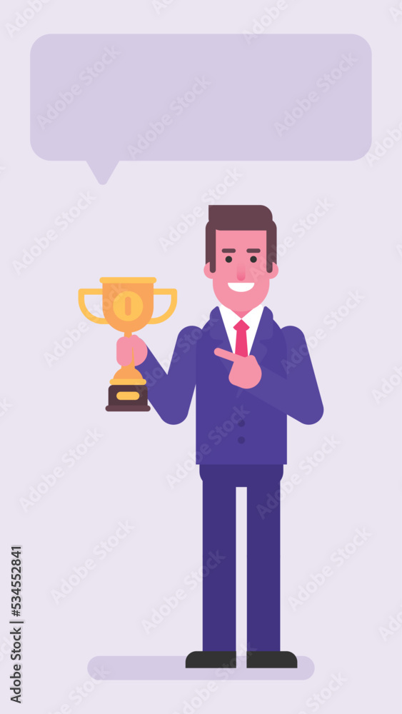 Businessman pointing finger at golden cup and smiles Businessman pointing finger at golden cup and smiles