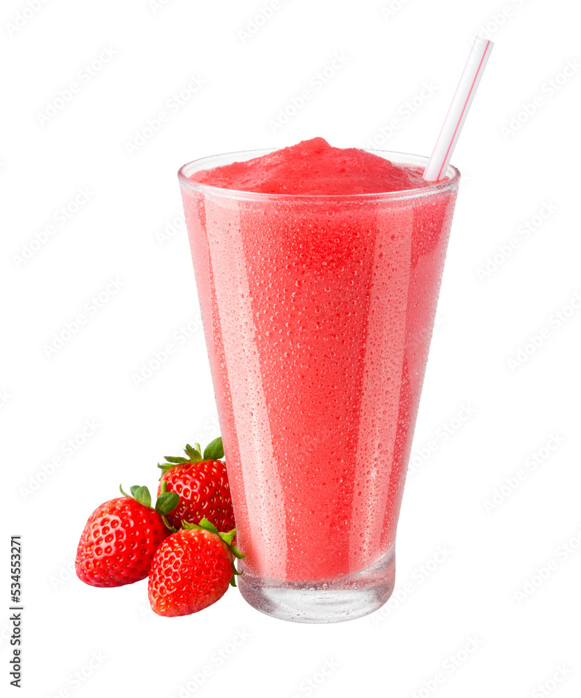 Cold Blended Strawberry Smoothie or Shake with Garnish of Fresh Berries in Glass with Straw on Transparent Background - obrazy, fototapety, plakaty 