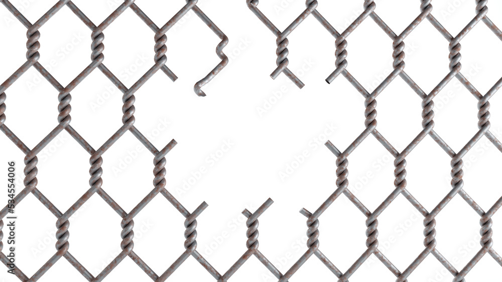 Naklejka premium 3D render of old Opening in metallic fence isolated on white, steel grid or net with hole, Broken wire fence