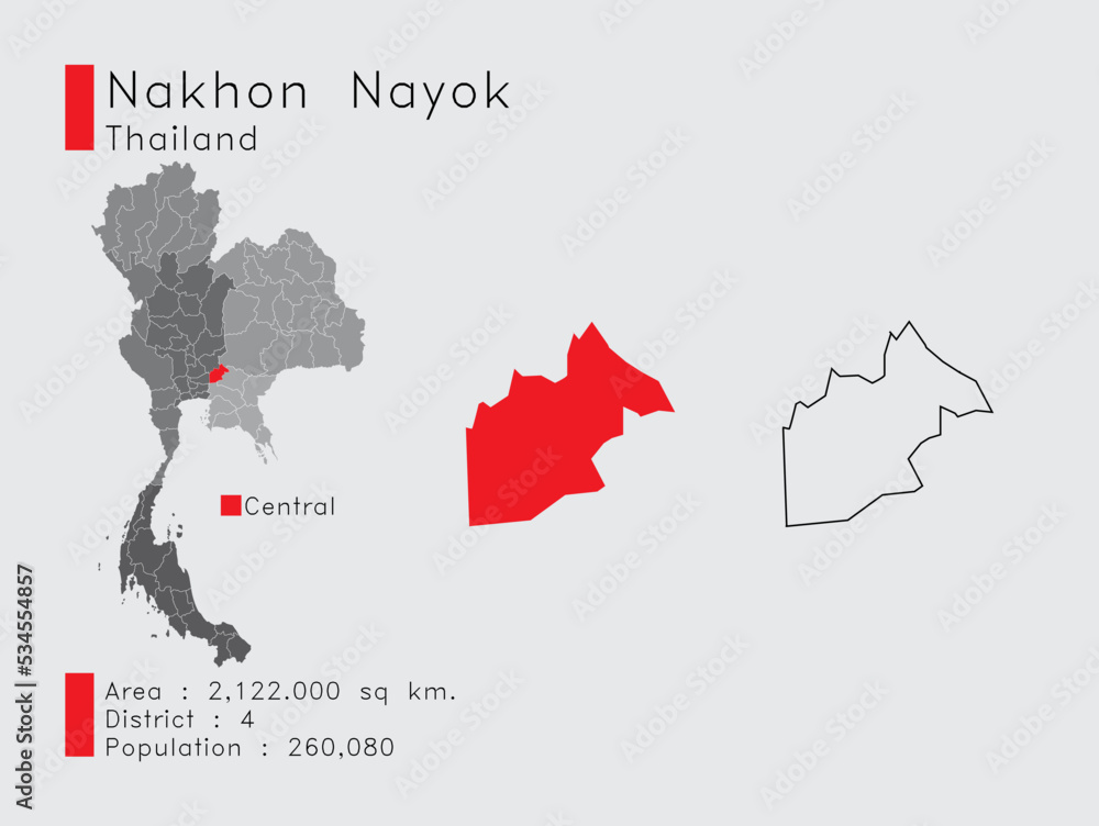 Nakhon Nayok Position in Thailand A Set of Infographic Elements for the Province. and Area District Population and Outline. Vector with Gray Background. Nakhon Nayok Position in Thailand A Set of Infographic Elements for the Province. and Area District Population and Outline. Vector with Gray Background.