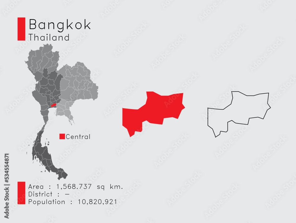 Bangkok Position in Thailand A Set of Infographic Elements for the Province. and Area District Population and Outline. Vector with Gray Background.