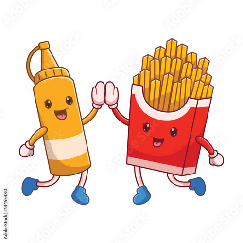 Cute Sauce Bottle High Five With french fries. Food Icon Concept. Flat Cartoon Style. Suitable for Web Landing Page, Banner, Flyer, Sticker, Card