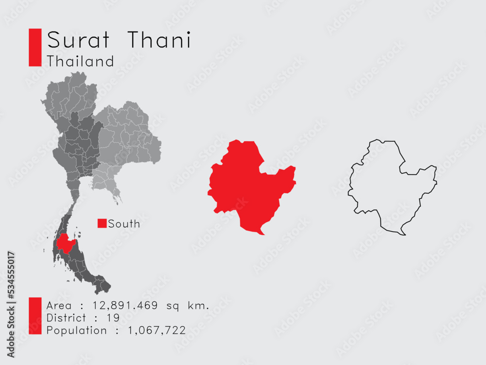 Surat Thani Position in Thailand A Set of Infographic Elements for the Province. and Area District Population and Outline. Vector with Gray Background.