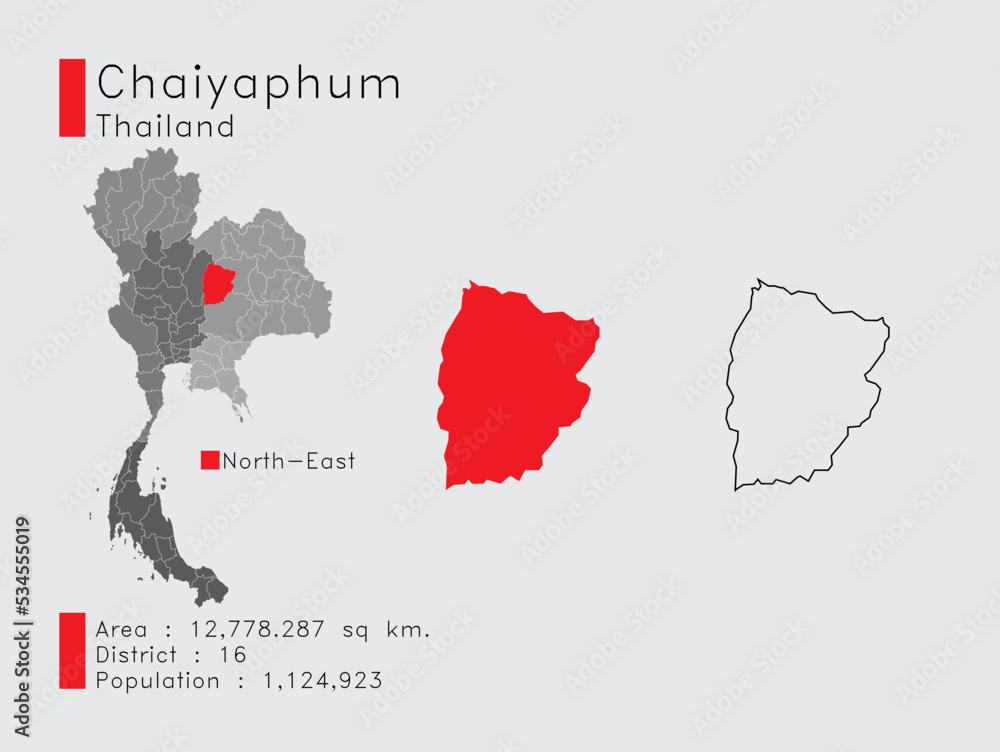 Fototapeta premium Chaiyaphum Position in Thailand A Set of Infographic Elements for the Province. and Area District Population and Outline. Vector with Gray Background.