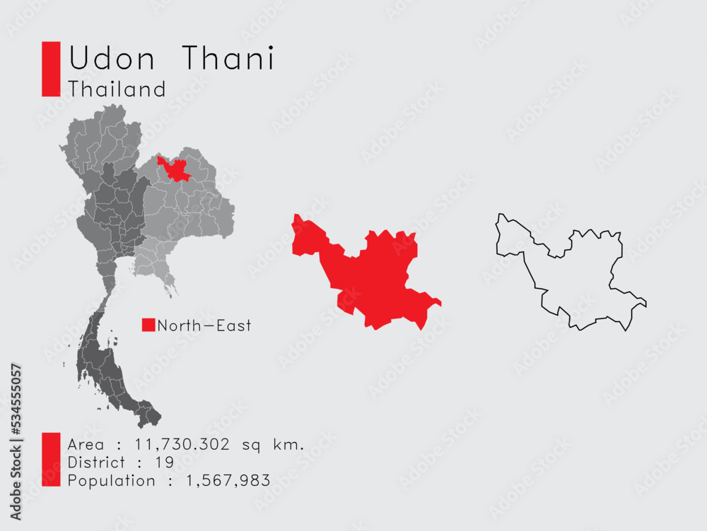 Udon Thani Position in Thailand A Set of Infographic Elements for the Province. and Area District Population and Outline. Vector with Gray Background.