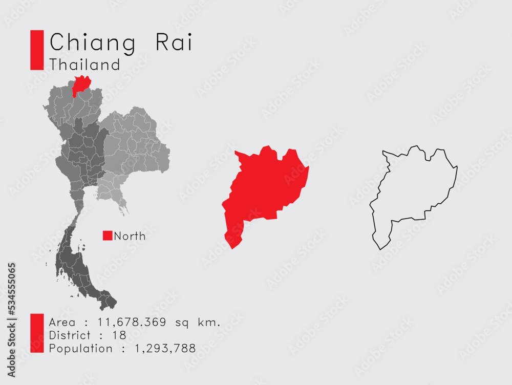 Chiang Rai Position in Thailand A Set of Infographic Elements for the Province. and Area District Population and Outline. Vector with Gray Background.