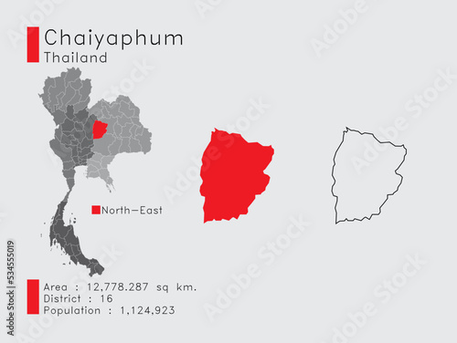 Chaiyaphum Position in Thailand A Set of Infographic Elements for the Province. and Area District Population and Outline. Vector with Gray Background. photo