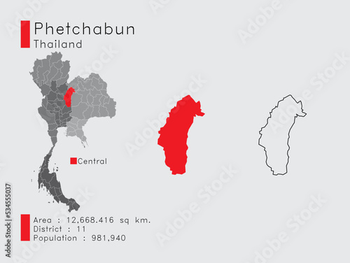 Phetchabun Position in Thailand A Set of Infographic Elements for the Province. and Area District Population and Outline. Vector with Gray Background.