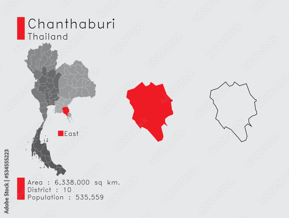 Chanthaburi Position in Thailand A Set of Infographic Elements for the Province. and Area District Population and Outline. Vector with Gray Background.