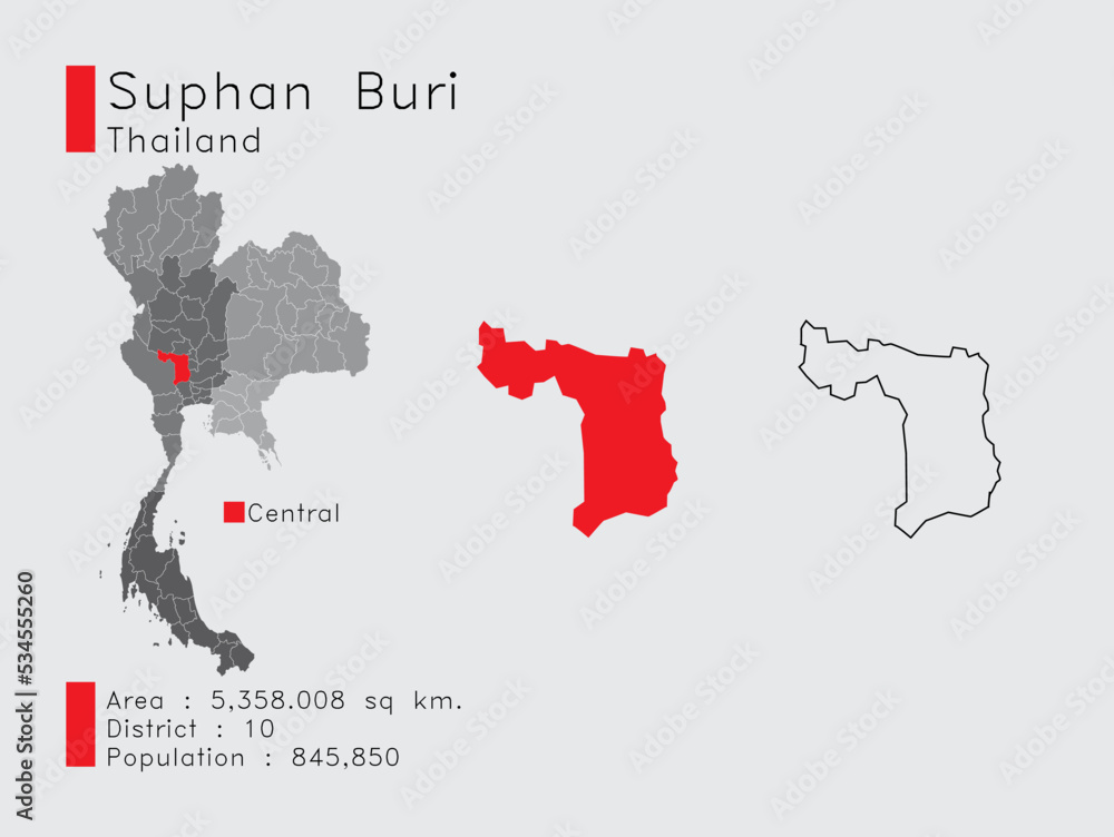 Suphan Buri Position in Thailand A Set of Infographic Elements for the Province. and Area District Population and Outline. Vector with Gray Background.