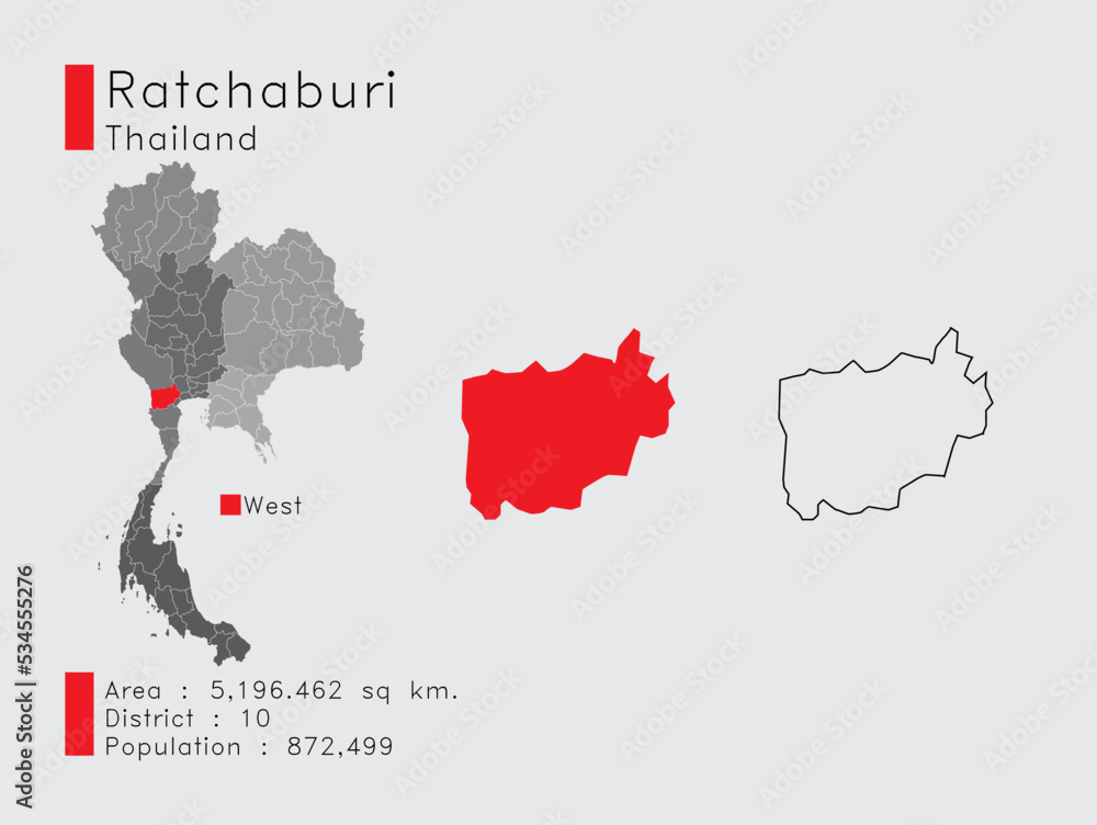 Ratchaburi Position in Thailand A Set of Infographic Elements for the Province. and Area District Population and Outline. Vector with Gray Background.