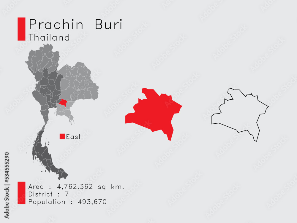 Prachin Buri Position in Thailand A Set of Infographic Elements for the Province. and Area District Population and Outline. Vector with Gray Background.