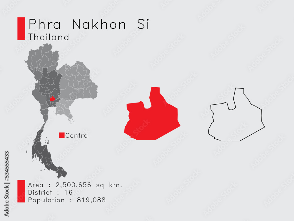 Phra Nakhon Si Position in Thailand A Set of Infographic Elements for the Province. and Area District Population and Outline. Vector with Gray Background.
