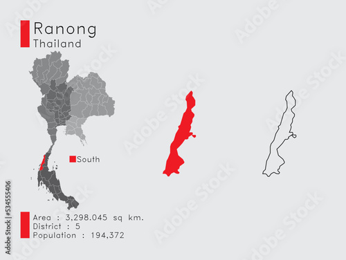 Ranong Position in Thailand A Set of Infographic Elements for the Province. and Area District Population and Outline. Vector with Gray Background. photo