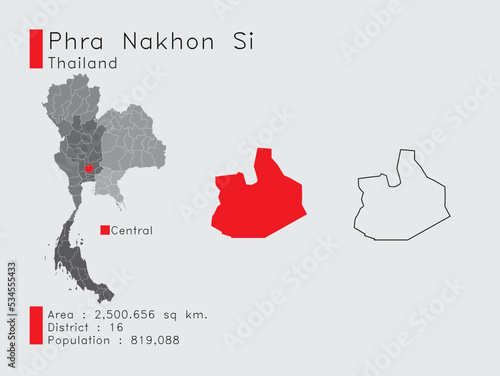 Phra Nakhon Si Position in Thailand A Set of Infographic Elements for the Province. and Area District Population and Outline. Vector with Gray Background.