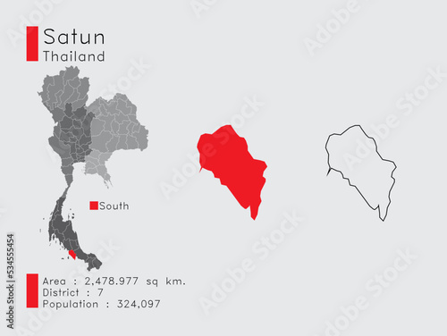 Satun Position in Thailand A Set of Infographic Elements for the Province. and Area District Population and Outline. Vector with Gray Background. photo