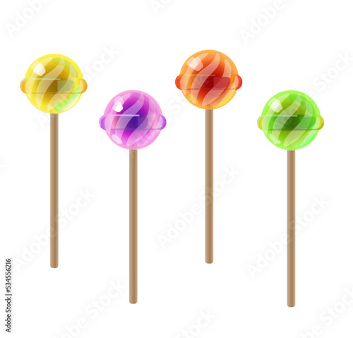 Lollipop, round hard sugar candy on stick. Mint, fruit and berries taste lollypops. Vector cartoon set of colored sweet caramel suckers on sticks isolated on white background