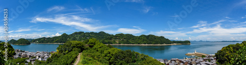 Coastal scenery of Seto Inland Sea  Osakishimojima Island Mitarai Town and Okamura Island  Panorama 