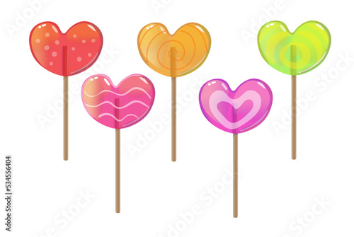 Heart shaped lollipop candy set on wooden stick isolated on white background. Mint, fruit and berries taste lollypops.