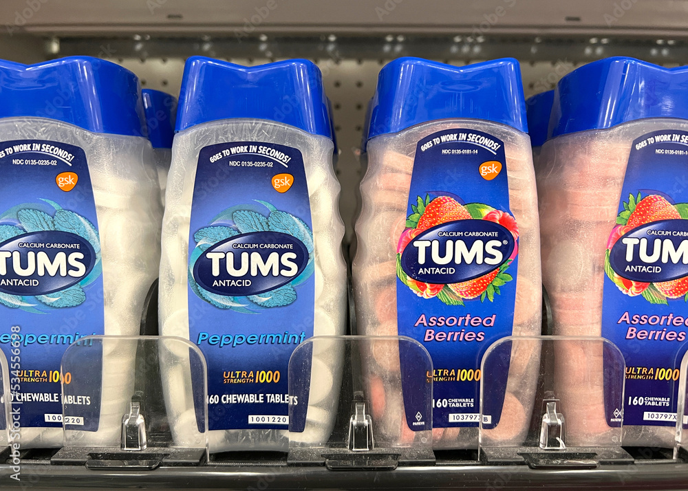Alameda CA Sept 15 2022: Grocery store shelf with bottles of Tums Alameda CA Sept 15 2022: Grocery store shelf with bottles of Tums
