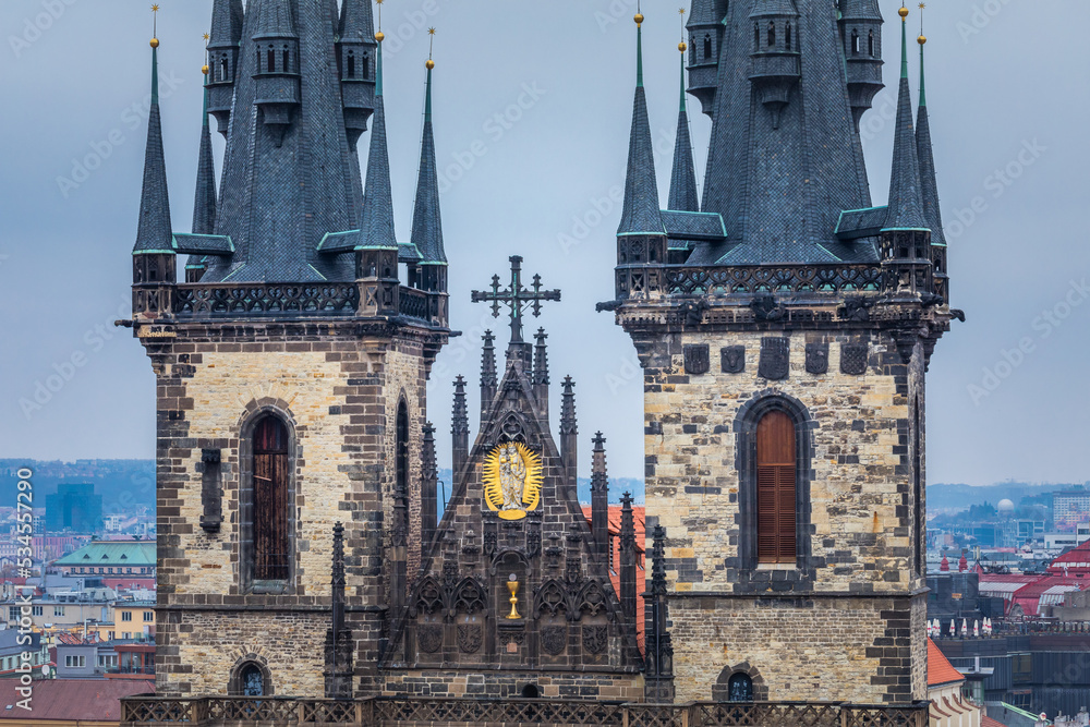 Tyn Cathedral close-up in Prague old town square, Czech Republic