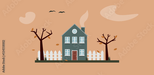 Autumn House Landscape Illustration Cozy Living 