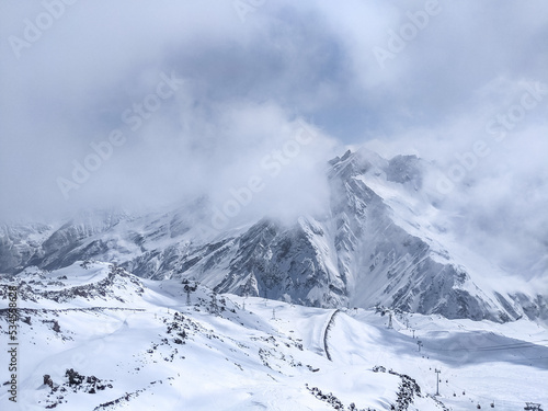 Elbrus ski resort peak in the clouds