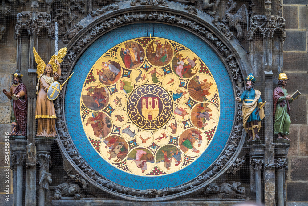 Astronomical clock close-up in Prague old town square, Czech Republic