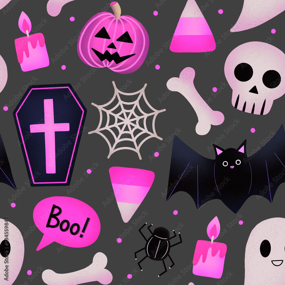 Hot Pink Halloween Elements Seamless Pattern Design Hot Pink Halloween Elements Seamless Pattern Design
