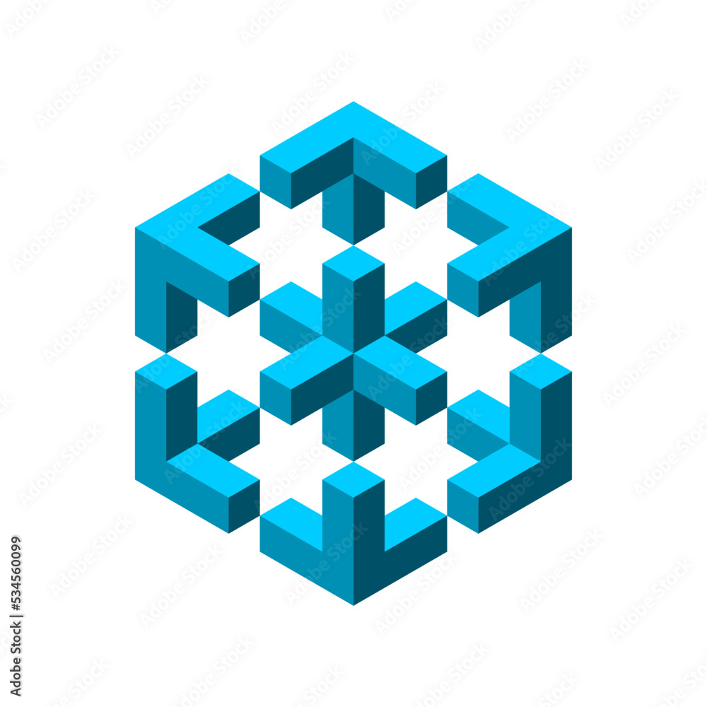 Impossible shape made of cubes. Penrose esher geometric object. Isometric projection. Hexagon shape with a cross in the middle. Blue 3D block design element pieces. Vector illustration, clip art. 