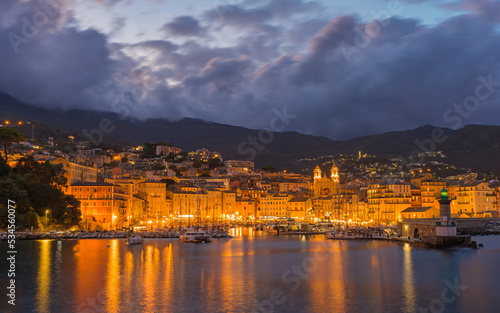 Old town and port of Bastia on Corsica at night