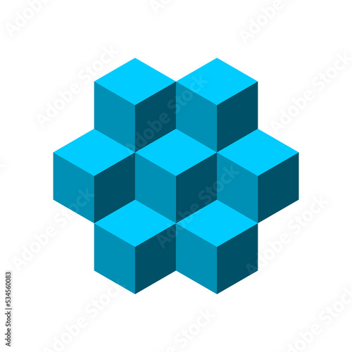 Seven 3D cubes make a honeycomb pattern. Blue geometric block shape. Hexagon object stacked on white background. Blockchain technology concept. Squares connected. Vector illustration, clip art. 