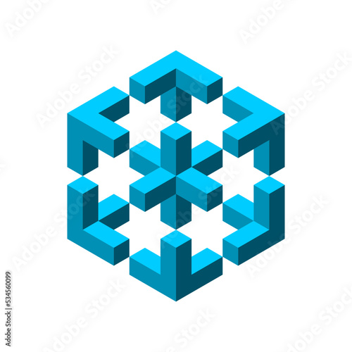 Impossible shape made of cubes. Penrose esher geometric object. Isometric projection. Hexagon shape with a cross in the middle. Blue 3D block design element pieces. Vector illustration, clip art.  photo