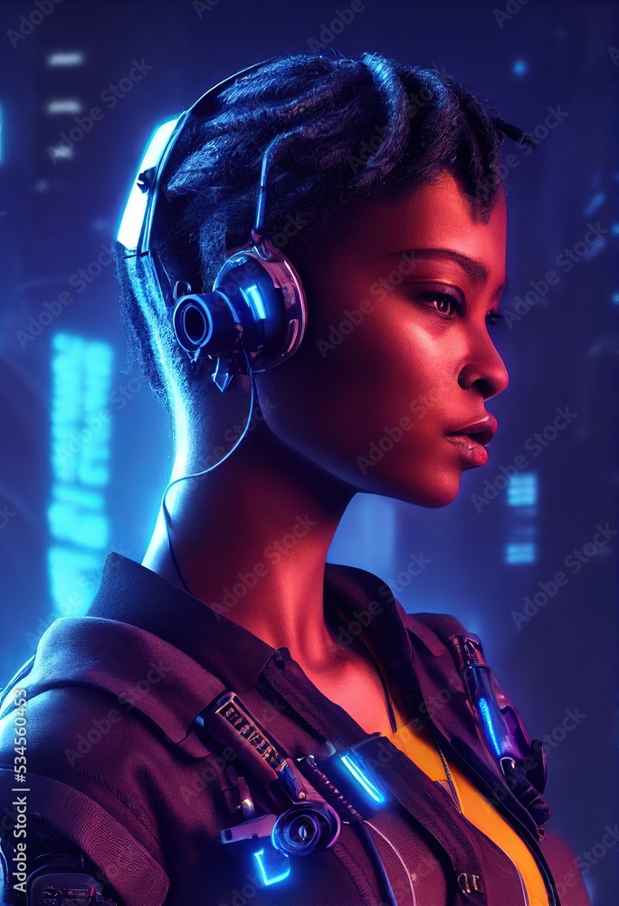 A fictional portrait of a ebony girl wearing a cyberpunk headset and ...