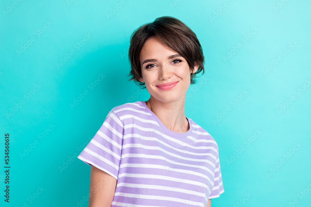 Fototapeta premium Photo of nice cute gorgeous positive girl with bob hairdo dressed striped t-shirt smiling at camera isolated on turquoise color background