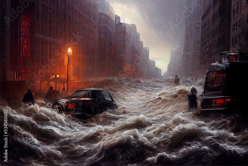 dramatic flood in city, digital painting