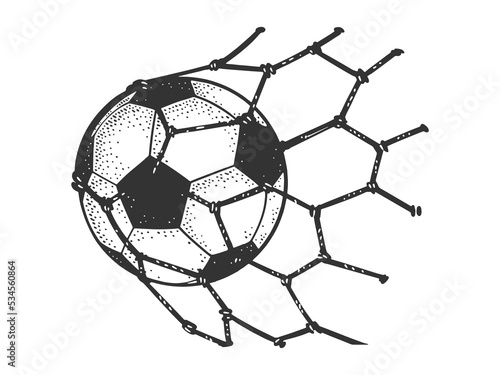 soccer football ball in goal net sketch engraving vector illustration. Scratch board imitation. Black and white hand drawn image.